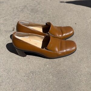 Anne Klein Brown Leather Block Heel Loafers